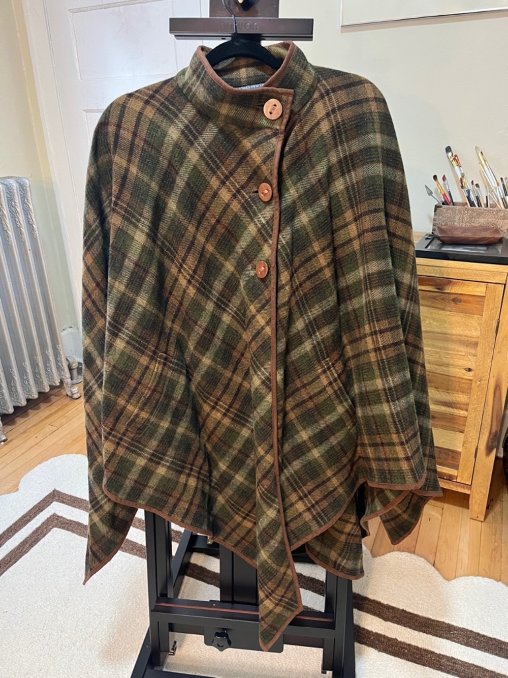 100% Lambswool Plaid Cape with Pockets and Wooden Buttons